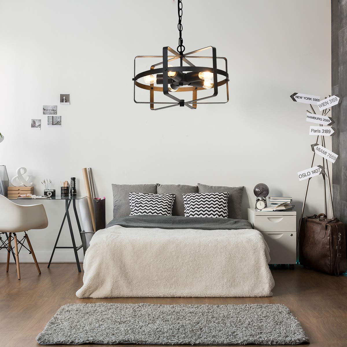 ARLIME 5 Lights Chandelier, Industrial Style Drum Shape Round Ceiling Lamp