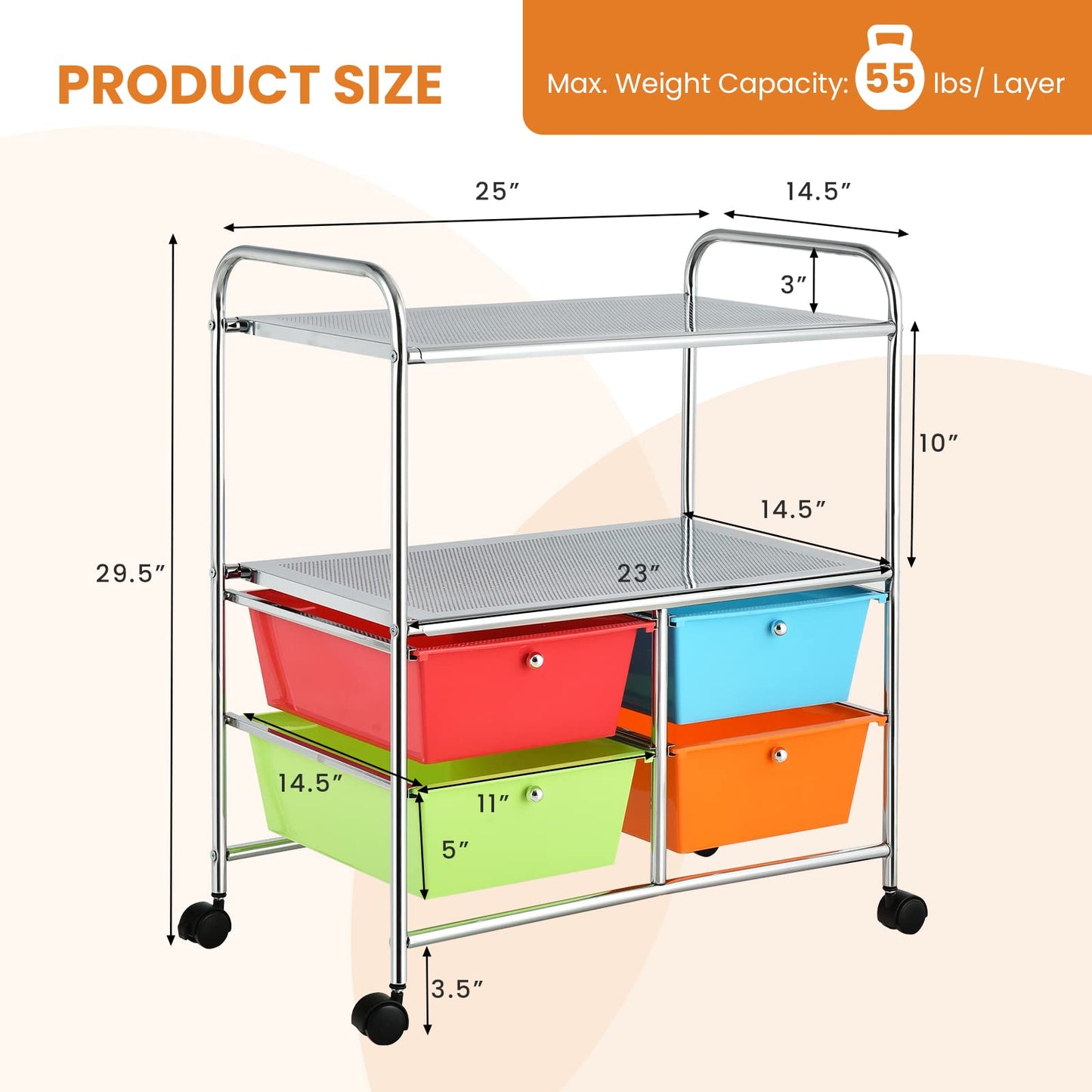 Rolling Storage Cart with 4 Drawers 2 Shelves for Home Office Kitchen Salon