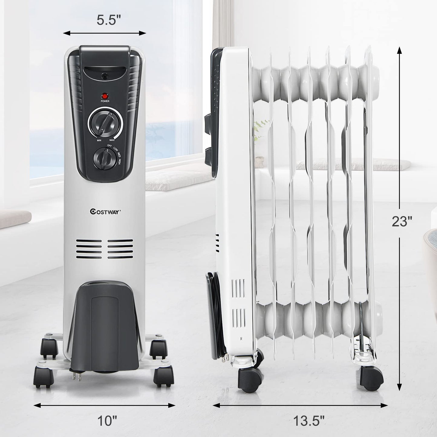 Oil Filled Radiator Heater, 1500W Portable Space Heater with Adjustable Thermostat, 3 Heat Setting