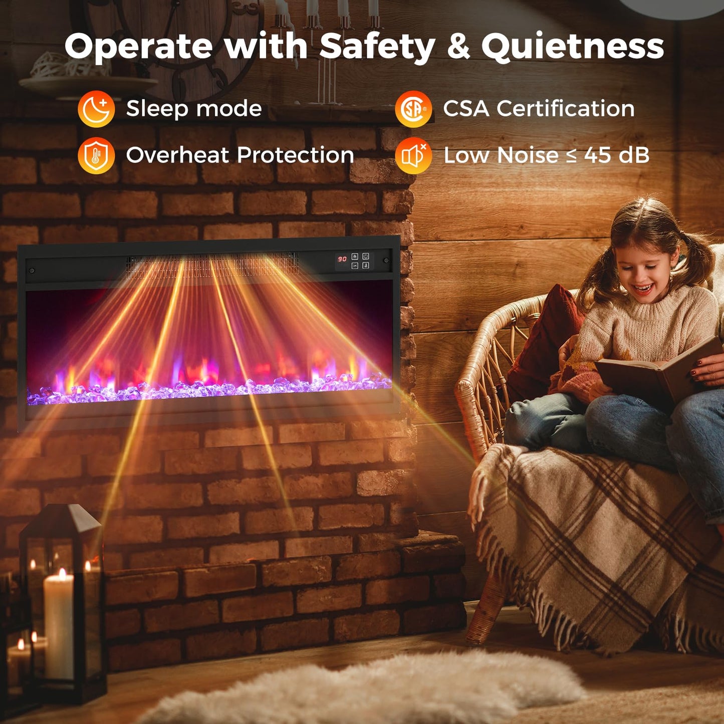 26 Inch Recessed Fireplace Heater, Electric Fireplace Insert w/Multi-Color Flame & Crystal Ember Bed