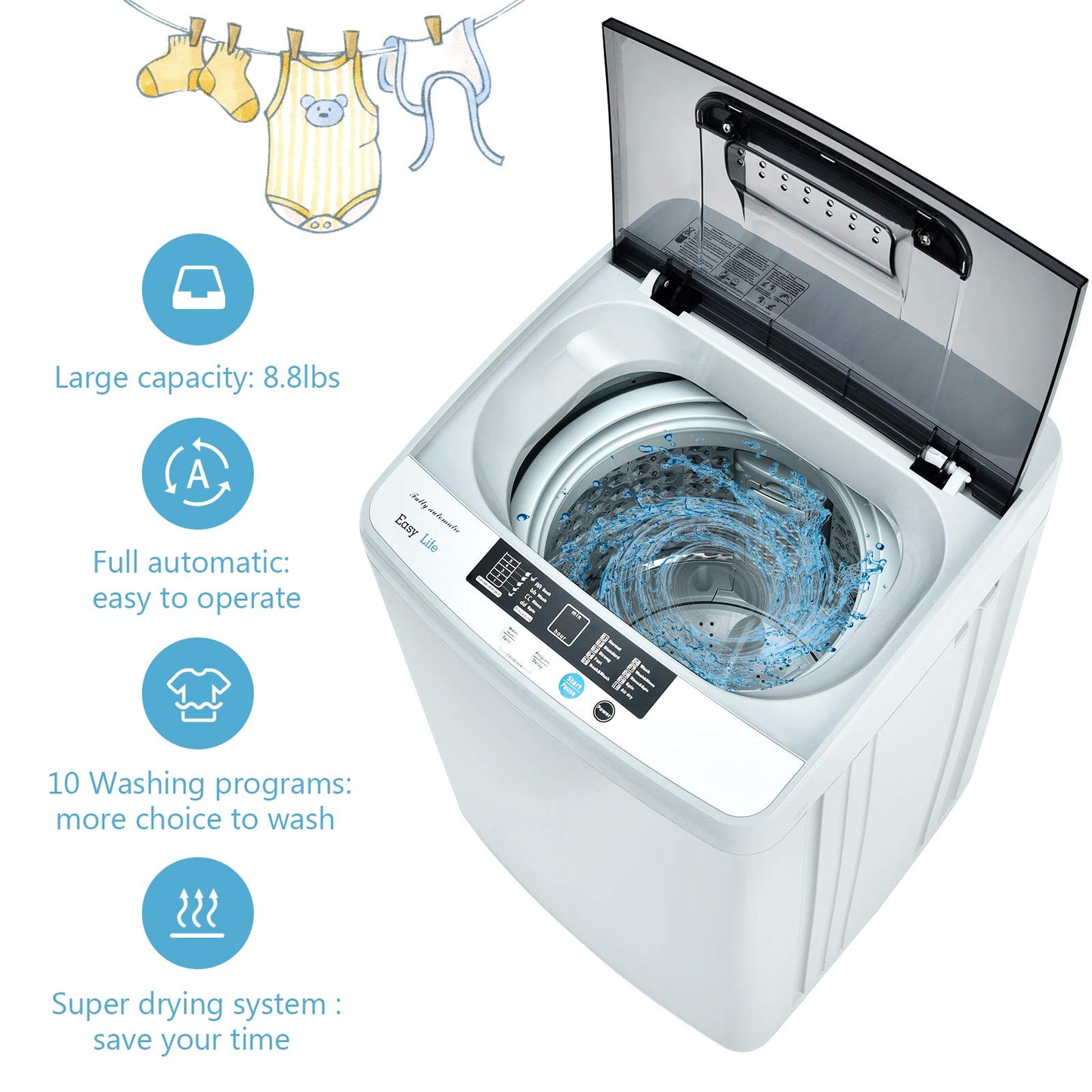 Portable Washing Machine, 2-in-1 Laundry Washer and Spin Combo with 10 Programs, 8.8lbs Capacity