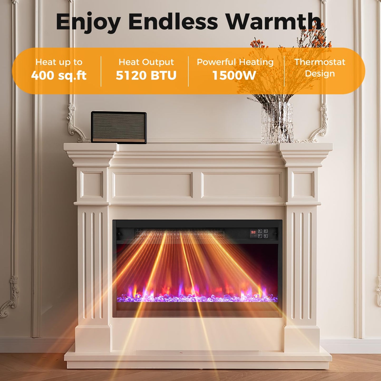 23 Inch Recessed Fireplace Heater, Electric Fireplace Insert w/Multi-Color Flame & Crystal Ember Bed