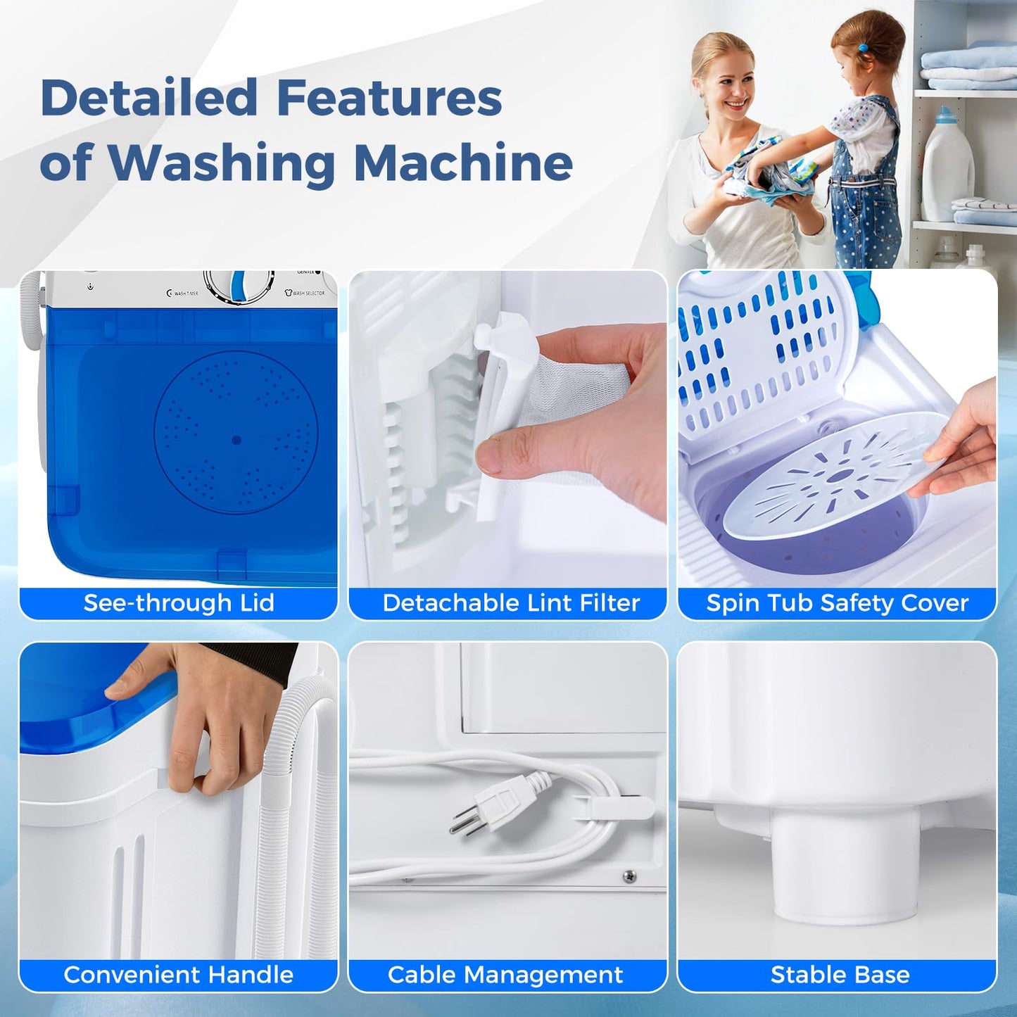 Portable Washing Machine, 17.6lbs Compact Portable Washer Twin Tub Combo with Pump Drain (Blue & White)