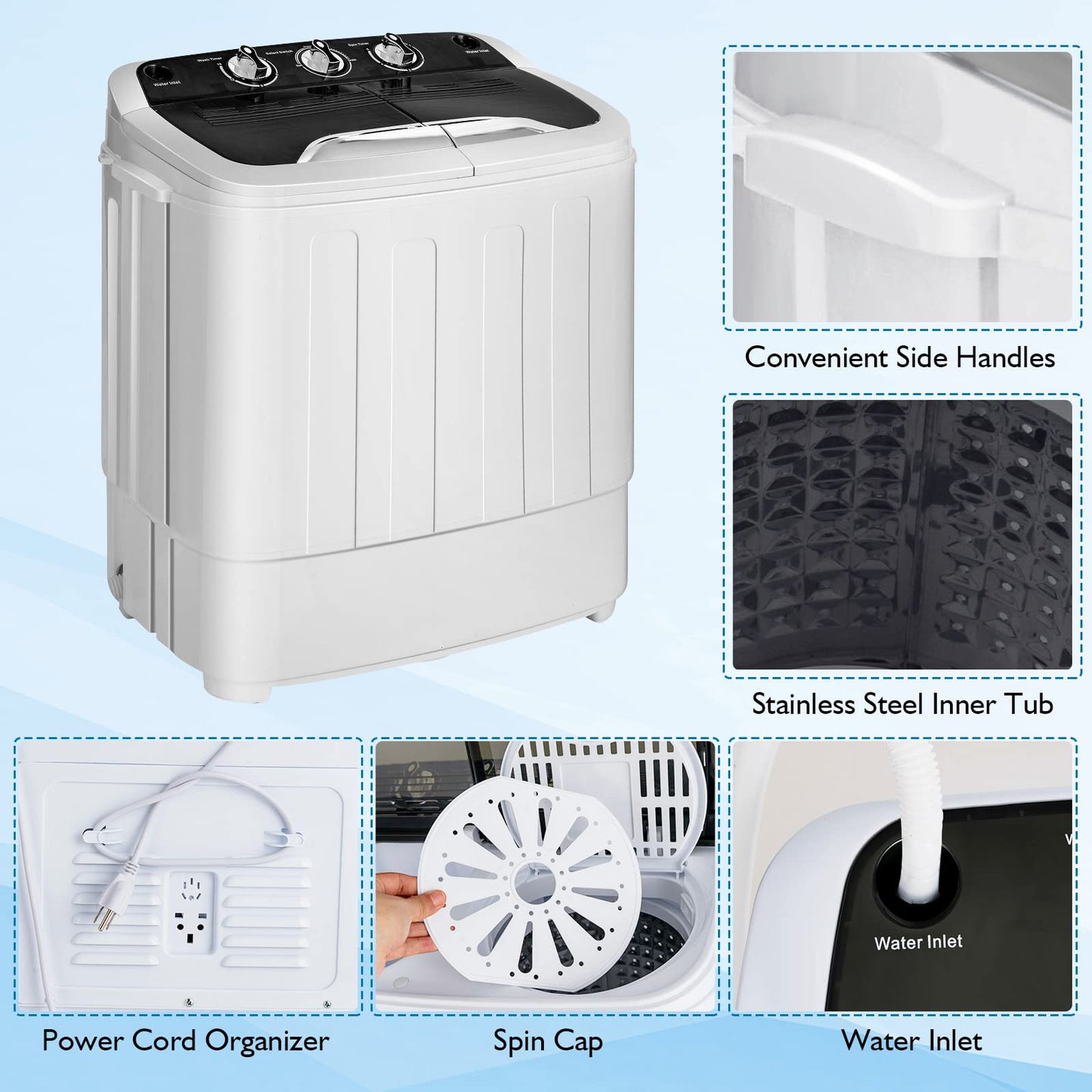 Portable Washing Machine 2 in 1 Twin Tub 13Lbs Capacity Washer(8Lbs) and Spinner(5Lbs)