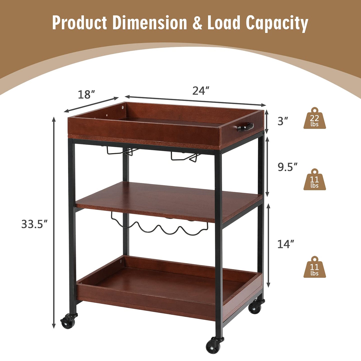 Kitchen Rolling Island Cart 3-Tier Rolling Bar Serving Cart