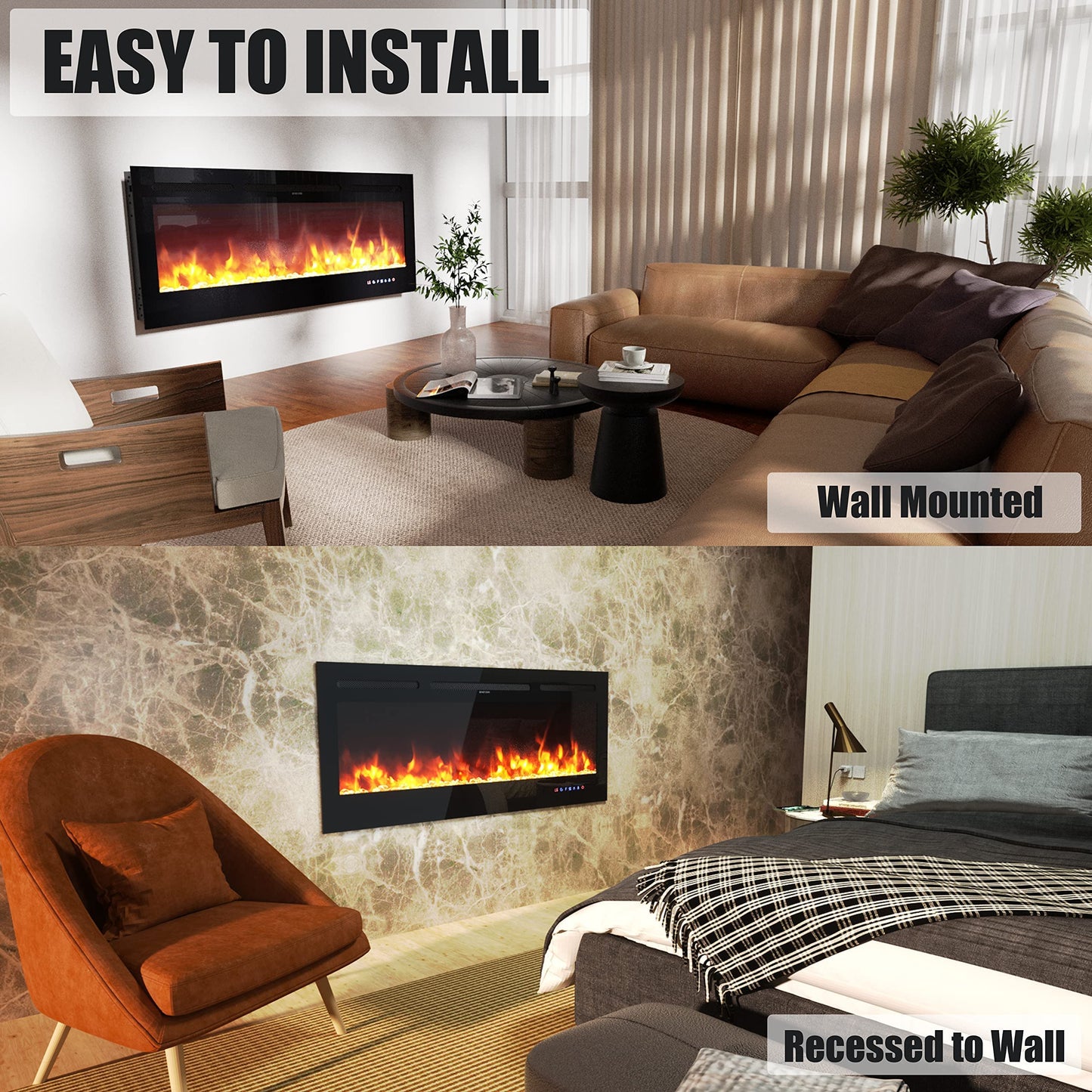 ARLIME 50” Recessed Electric Fireplace 750W/1500W Wall Mounted & in Wall