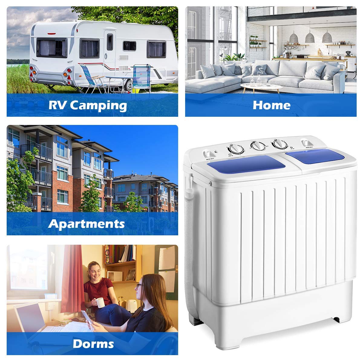 Portable Mini Compact Twin Tub Washing Machine 17.6lbs Washer Spain Spinner Portable Washing Machine, Blue+ White