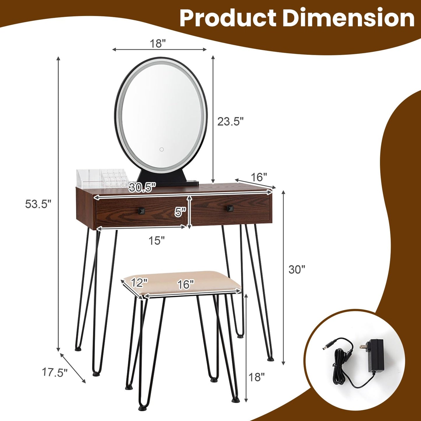 Makeup Dressing Table Set w/ 3 Color Lighting Modes & Adjustable Brightness