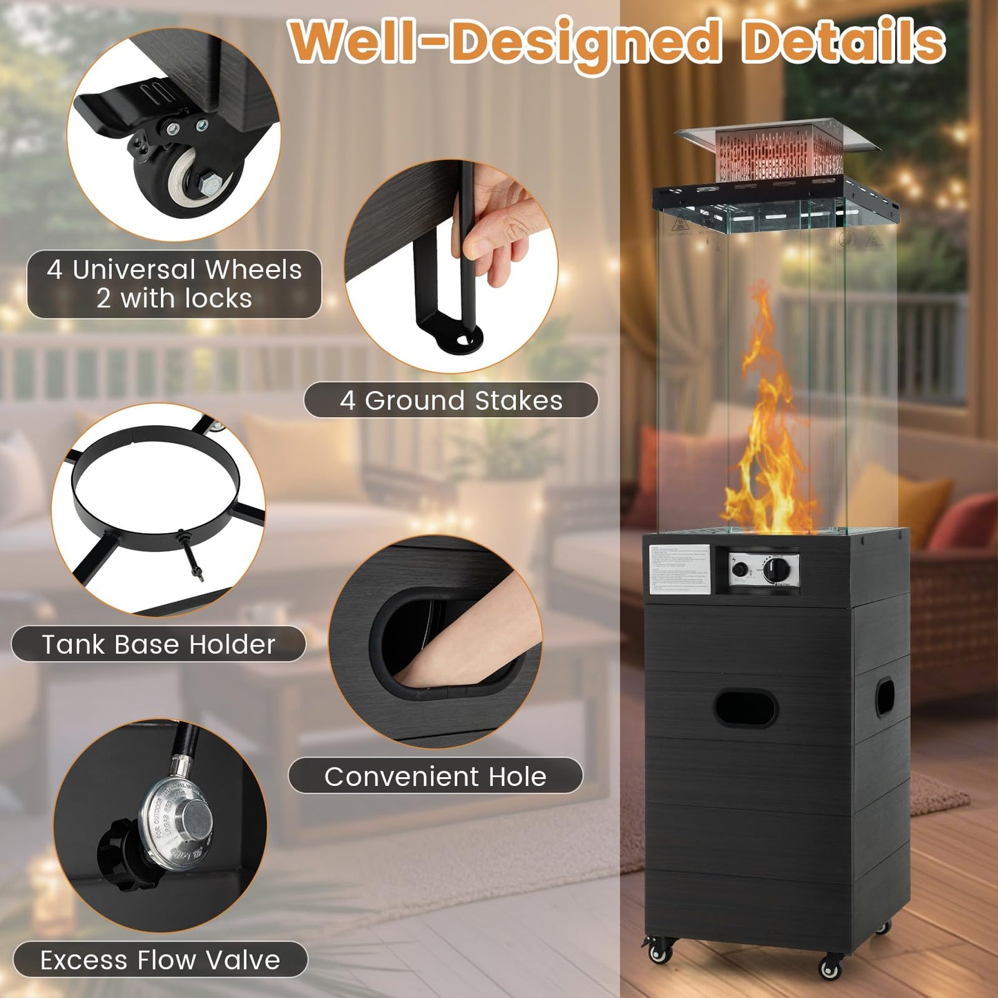 40,000 BTU Square Patio Propane Heater with Tempered Glass Tube