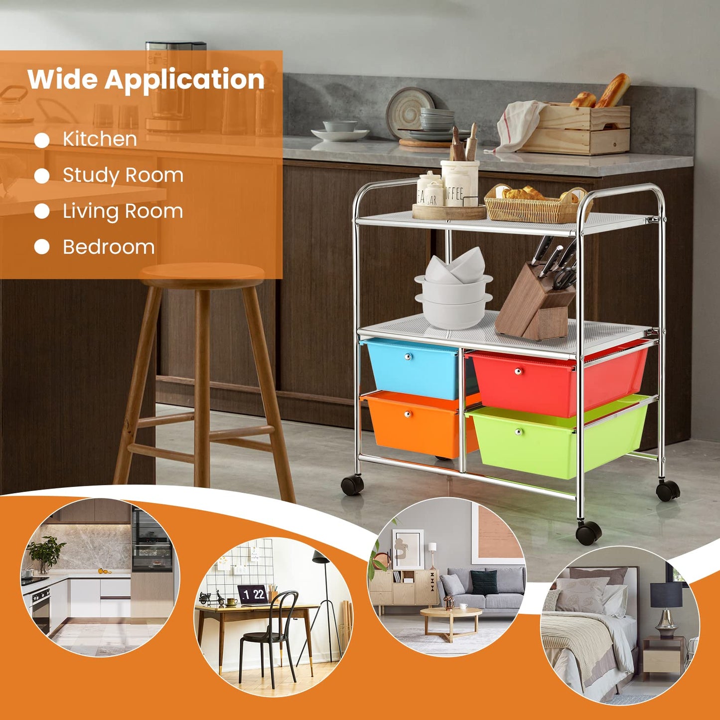 Rolling Storage Cart with 4 Drawers 2 Shelves for Home Office Kitchen Salon