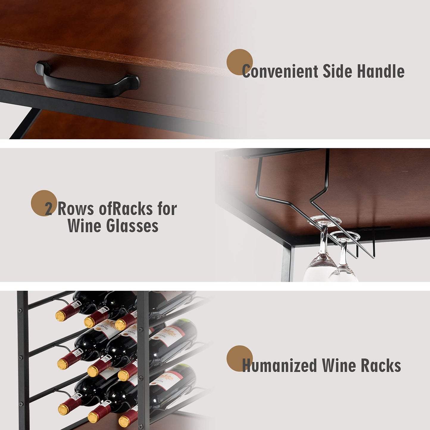 Kitchen Rolling Island Cart with 9-Bottle Wine Racks & Glass Holders