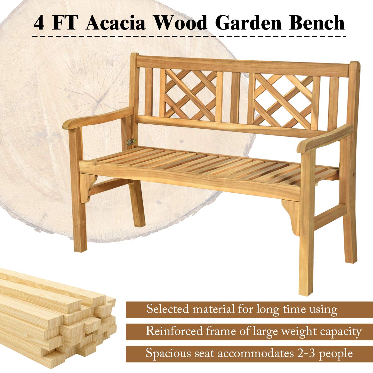 4 FT Acacia Wood Garden Bench for Park