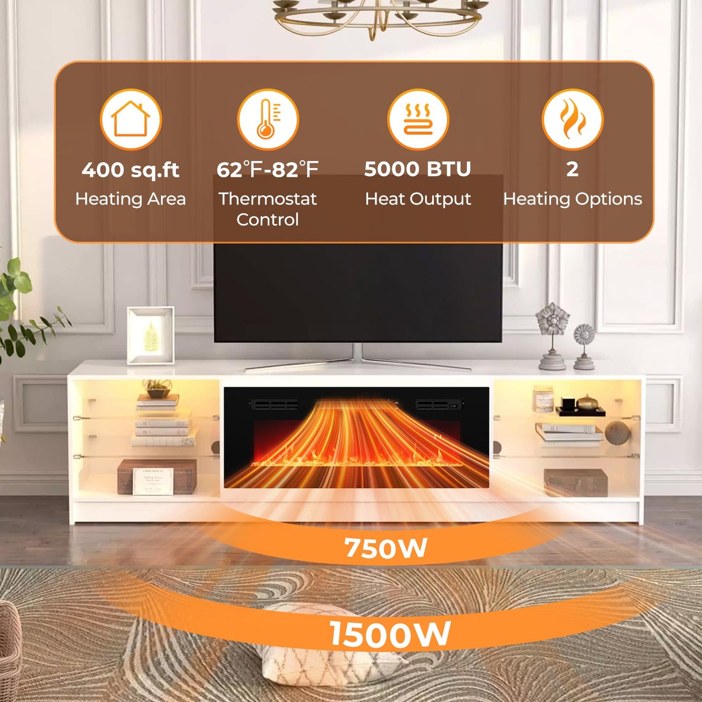 36 Inches Electric Fireplace Inserts w/LED Strip Lights