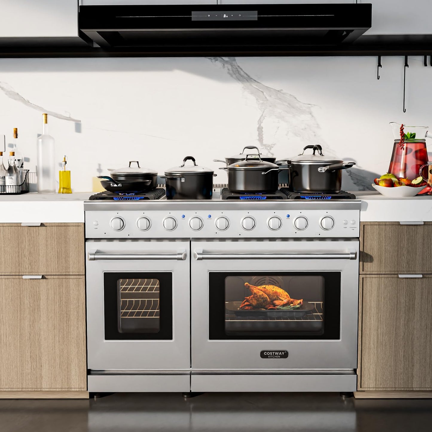 48 Inches Natural Gas Range, with 7 Burners Cooktop & Double Ovens, Storage Drawer