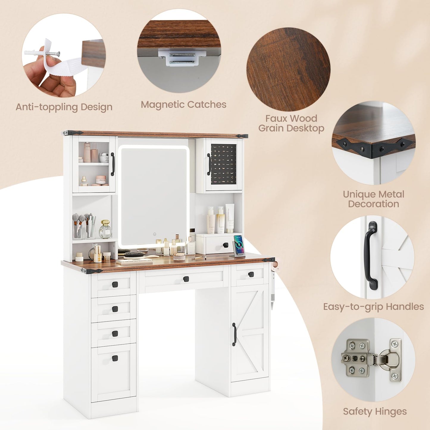 44.5'' Farmhouse Dressing Table w/Charging Station for Girls