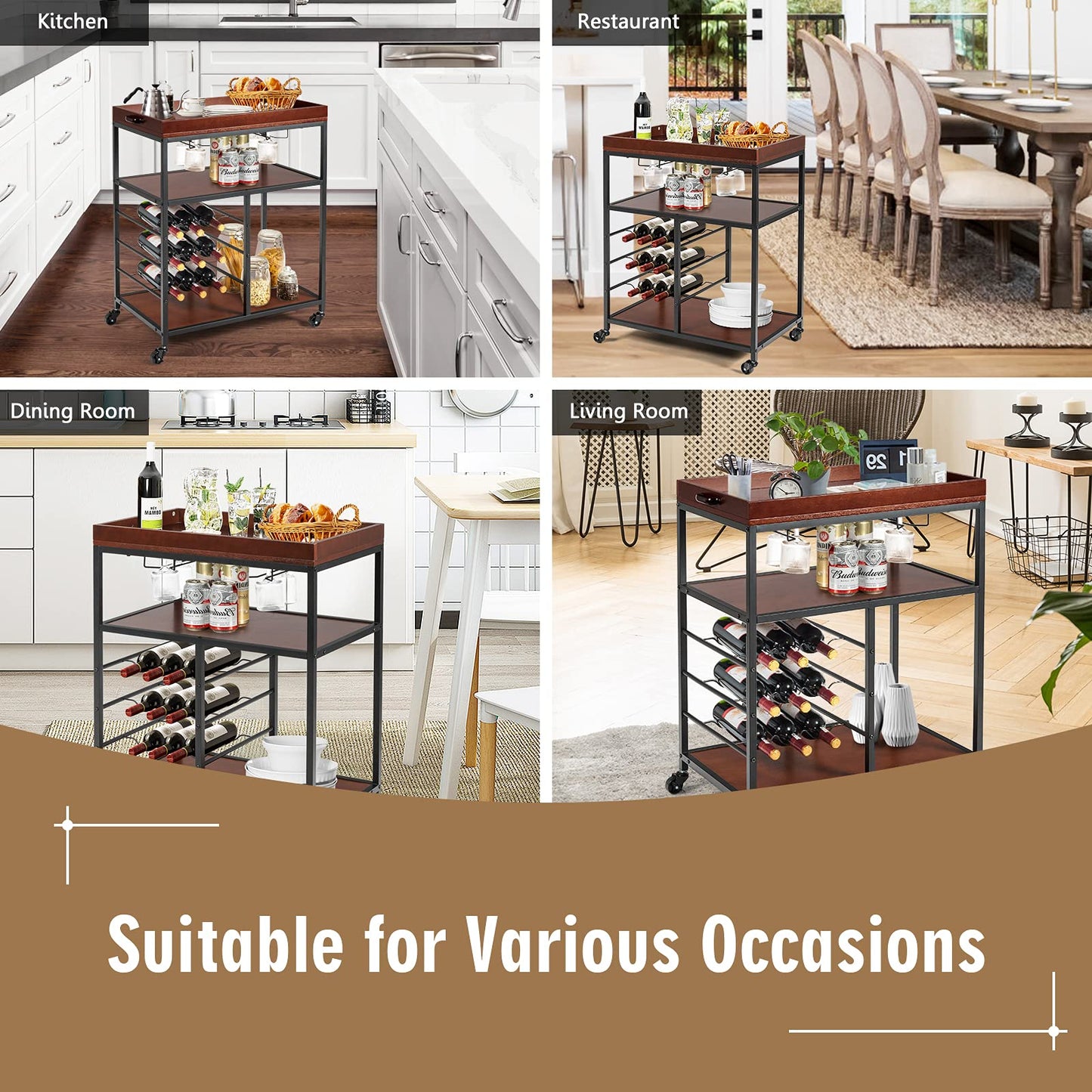 Kitchen Rolling Island Cart with 9-Bottle Wine Racks & Glass Holders