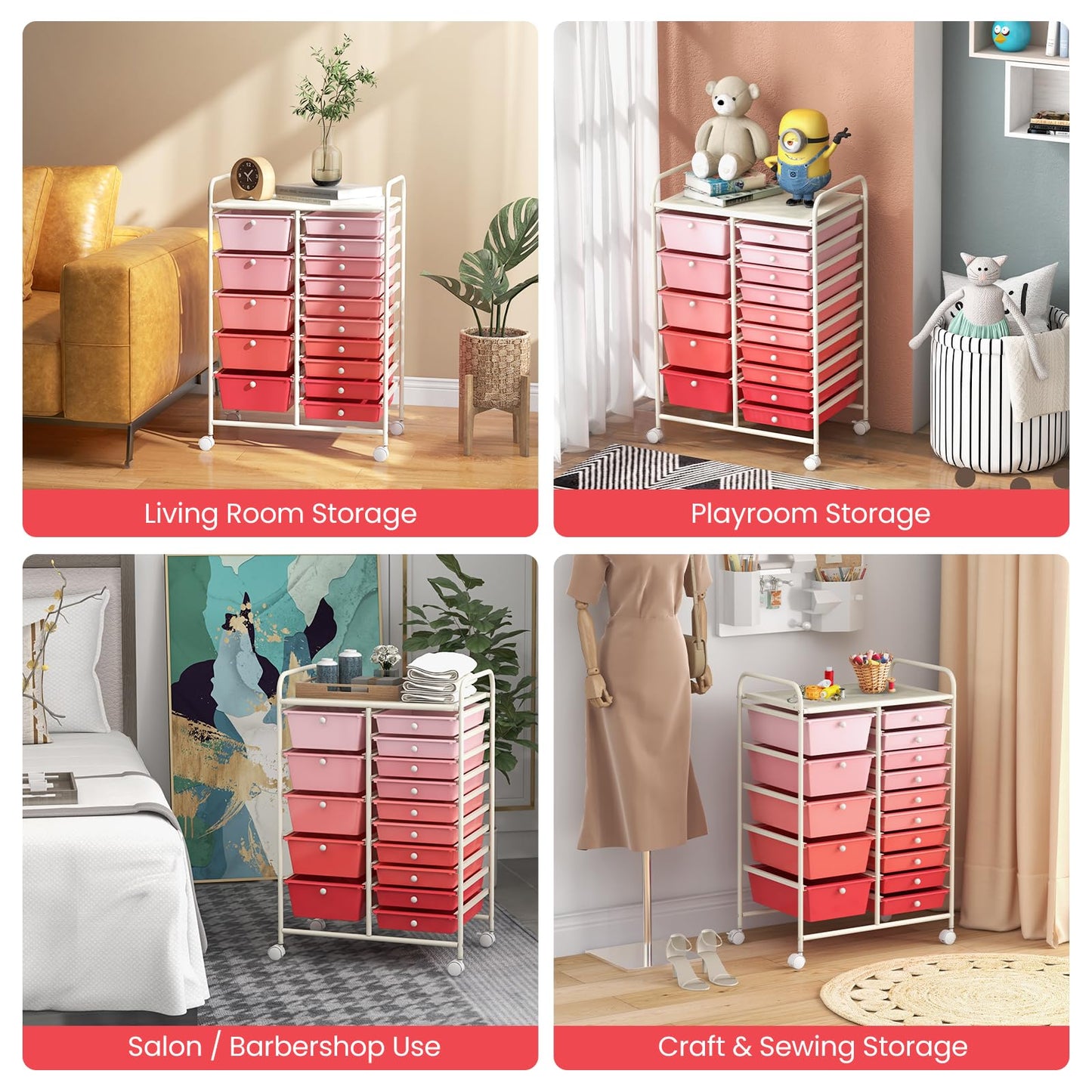 ARLIME 15-Drawer Storage Cart, 15 Drawer Trolley, Rolling Organizer Cart