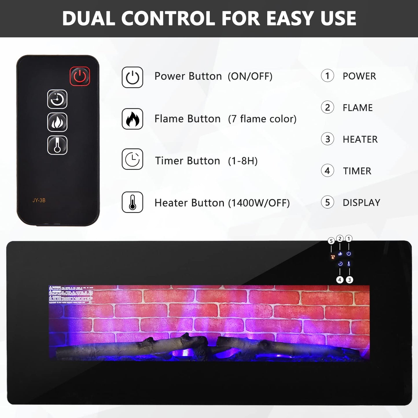 42 Inches Electric Fireplace Wall Mounted and Freestanding Fireplace Heater with Remote