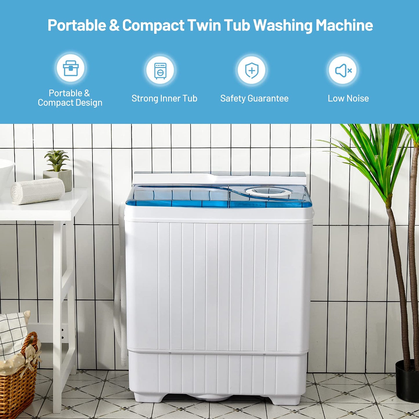 Washing Machine Semi-automatic, Twin Tub Washer with Spin Dryer, 26lbs Capacity, Built-in Drain Pump