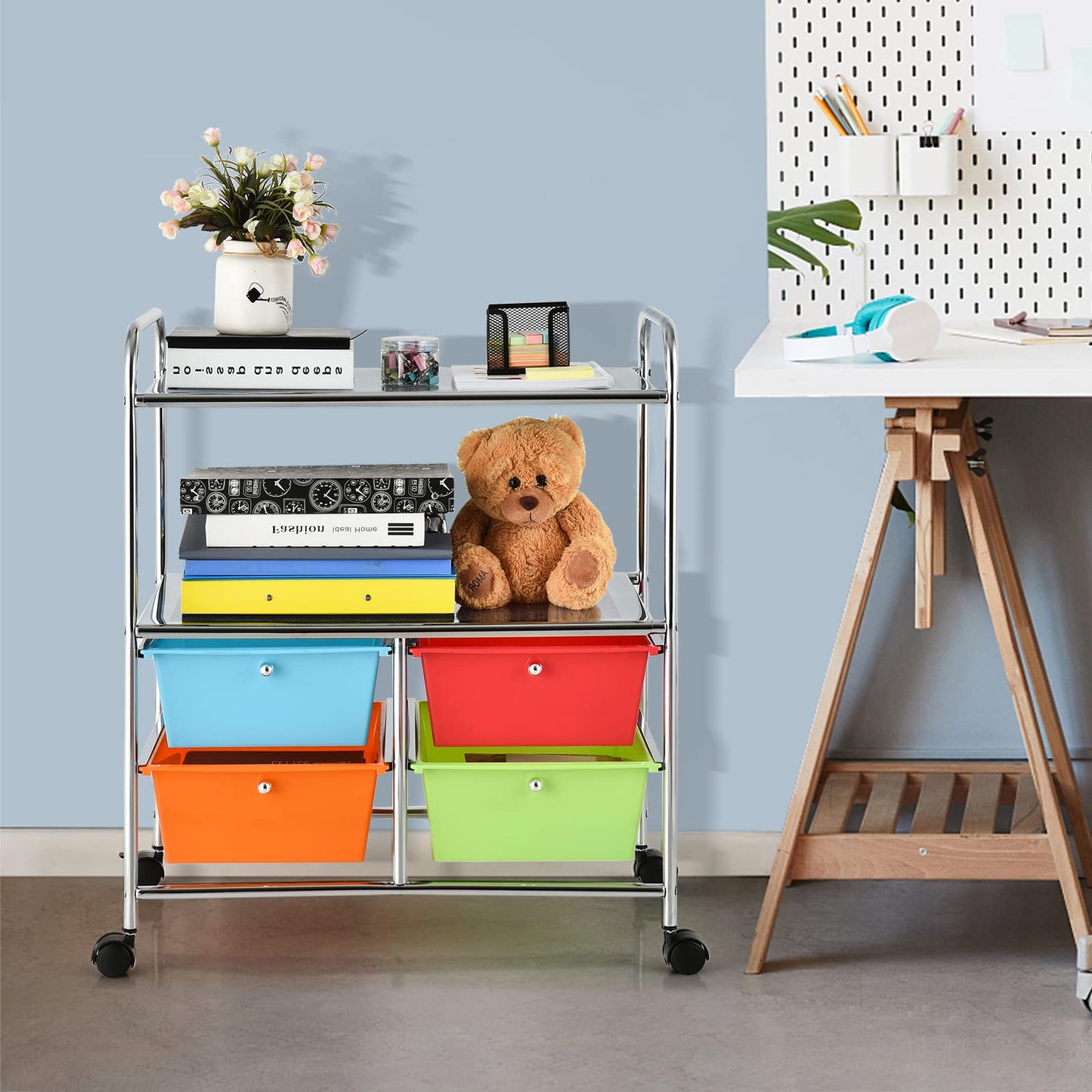 Rolling Storage Cart with 4 Drawers 2 Shelves for Home Office Kitchen Salon
