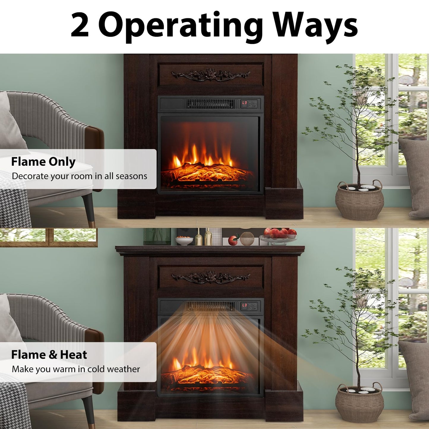 32-inch Electric Fireplace with Mantel, 1400W Freestanding Fireplace Heater with Remote Control