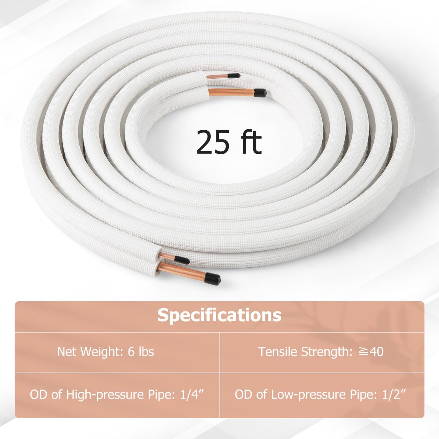 25 Ft. Mini Split Line Set | 1/4” & 1/2” O.D. Copper Pipes Tubing with 3-Layer Insulation