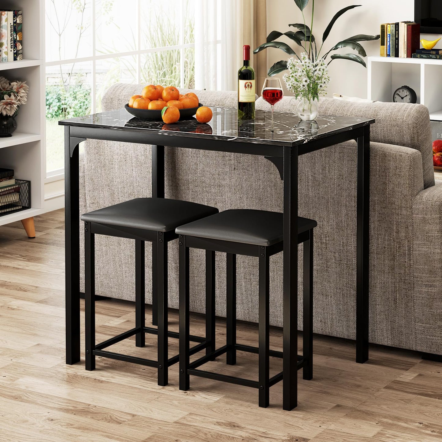 Space Saving Dinette Set w/Counter Height Table & 2 Upholstered Bar Stools