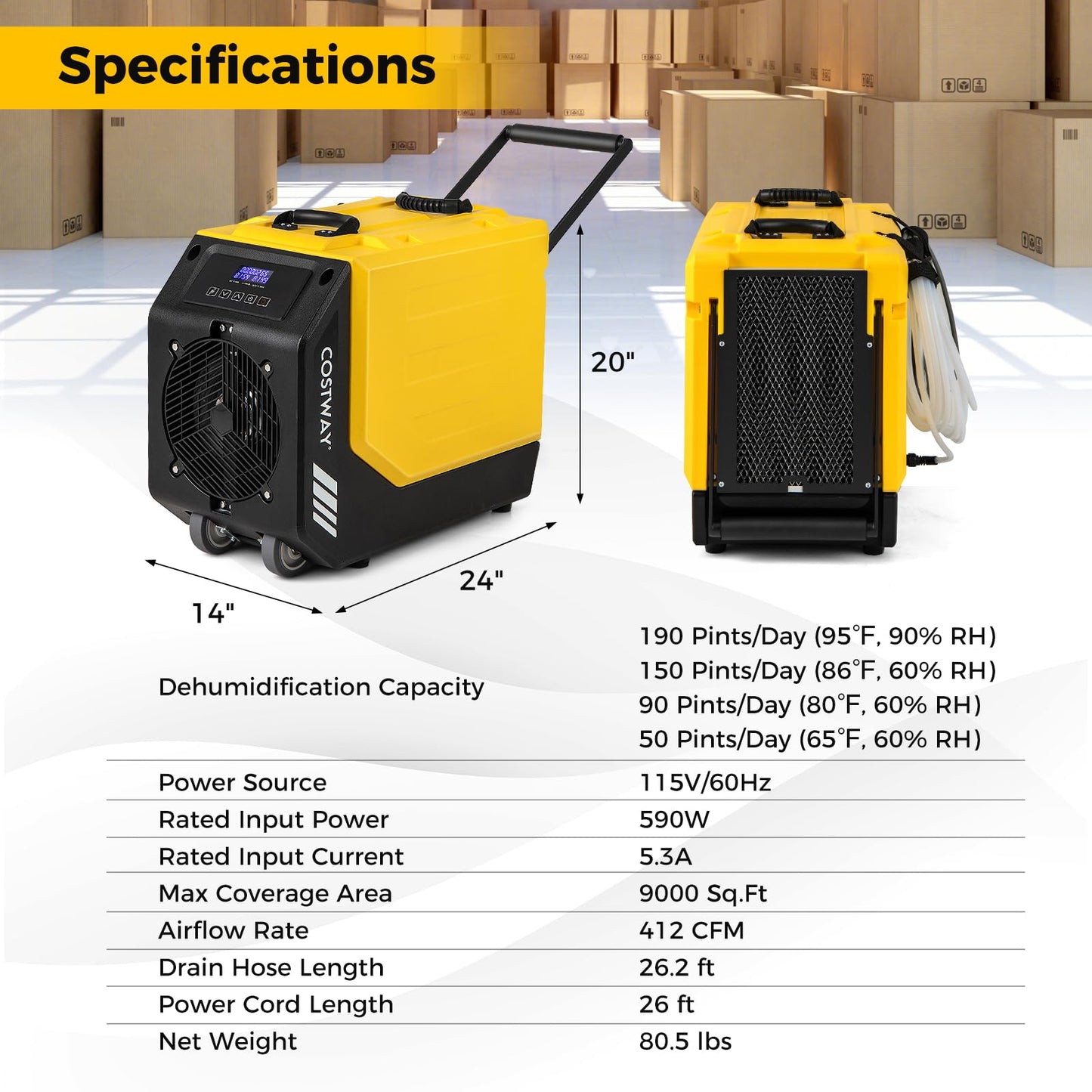 190 PPD Commercial Dehumidifier with Pump Rotational Molded Industrial Dehumidifier with Wheels & Drain Hose