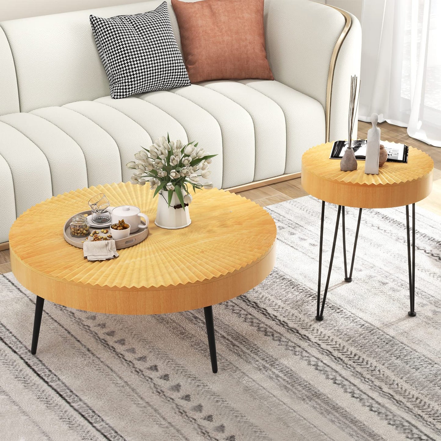 Farmhouse Round Coffee Table Set of 2 for Living Room