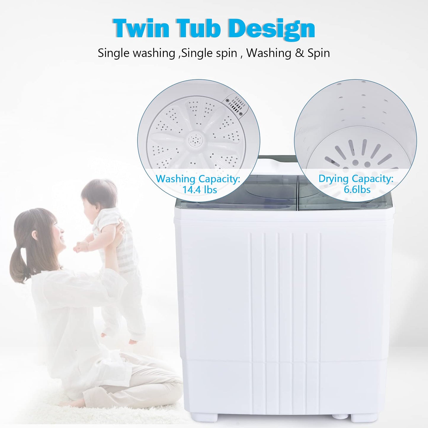 ARLIME Portable Washing Machine Twin Tub 21Lbs Capacity, Washer(14.4Lbs) and Spinner(6.6Lbs)