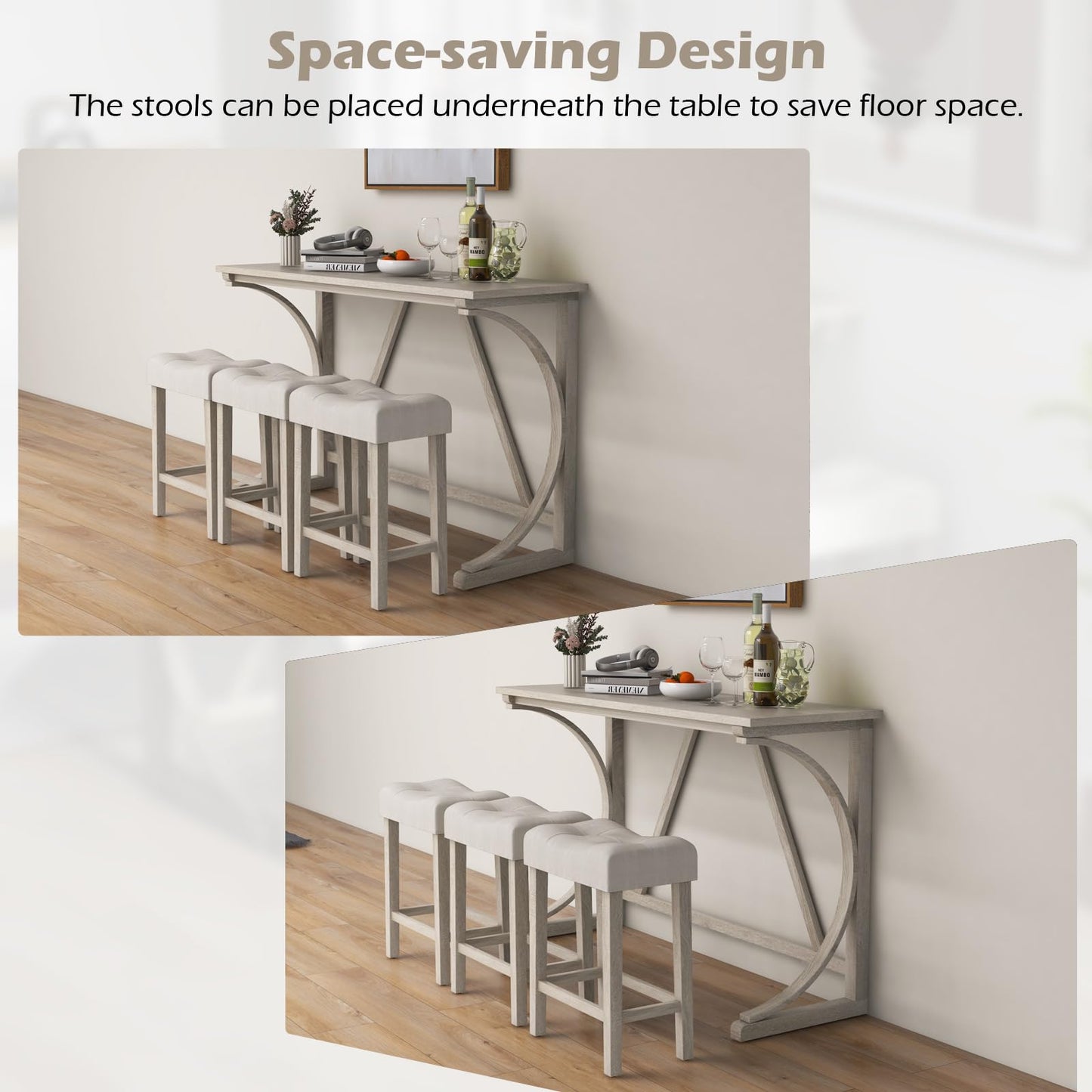 4 Piece Farmhouse Bar Table Set with Power Outlet for Kitchen