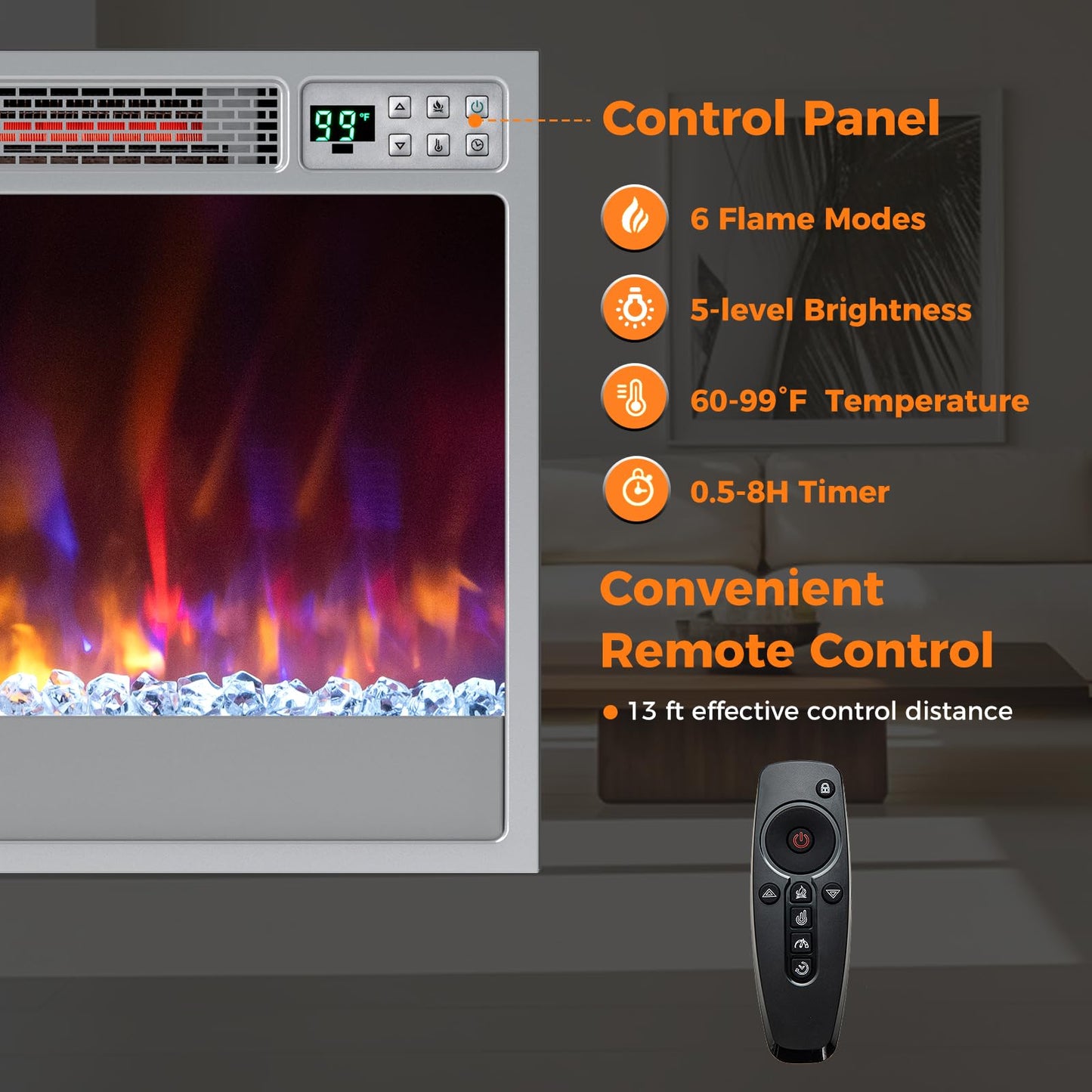 Electric Fireplace Inserts 23-inch Wide 1500W Recessed Fireplace Insert with Remote Control