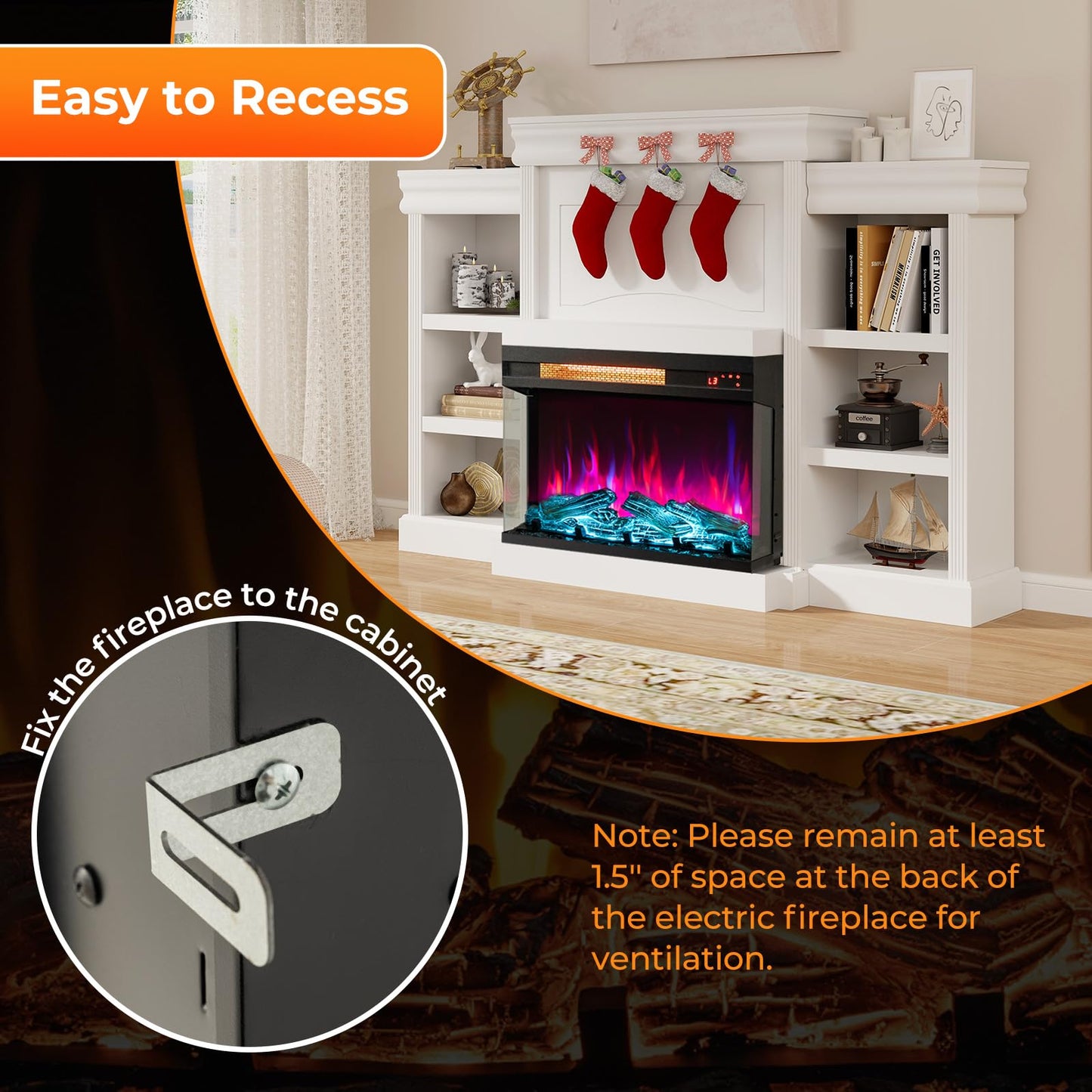 23 Inch 3-Sided Electric Fireplace 1500W Recessed Fireplace Insert w/ 7-Color Flame & Adjustable Brightness