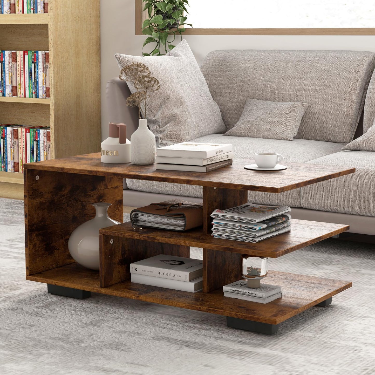 Geometric Coffee Table with Storage Shelves