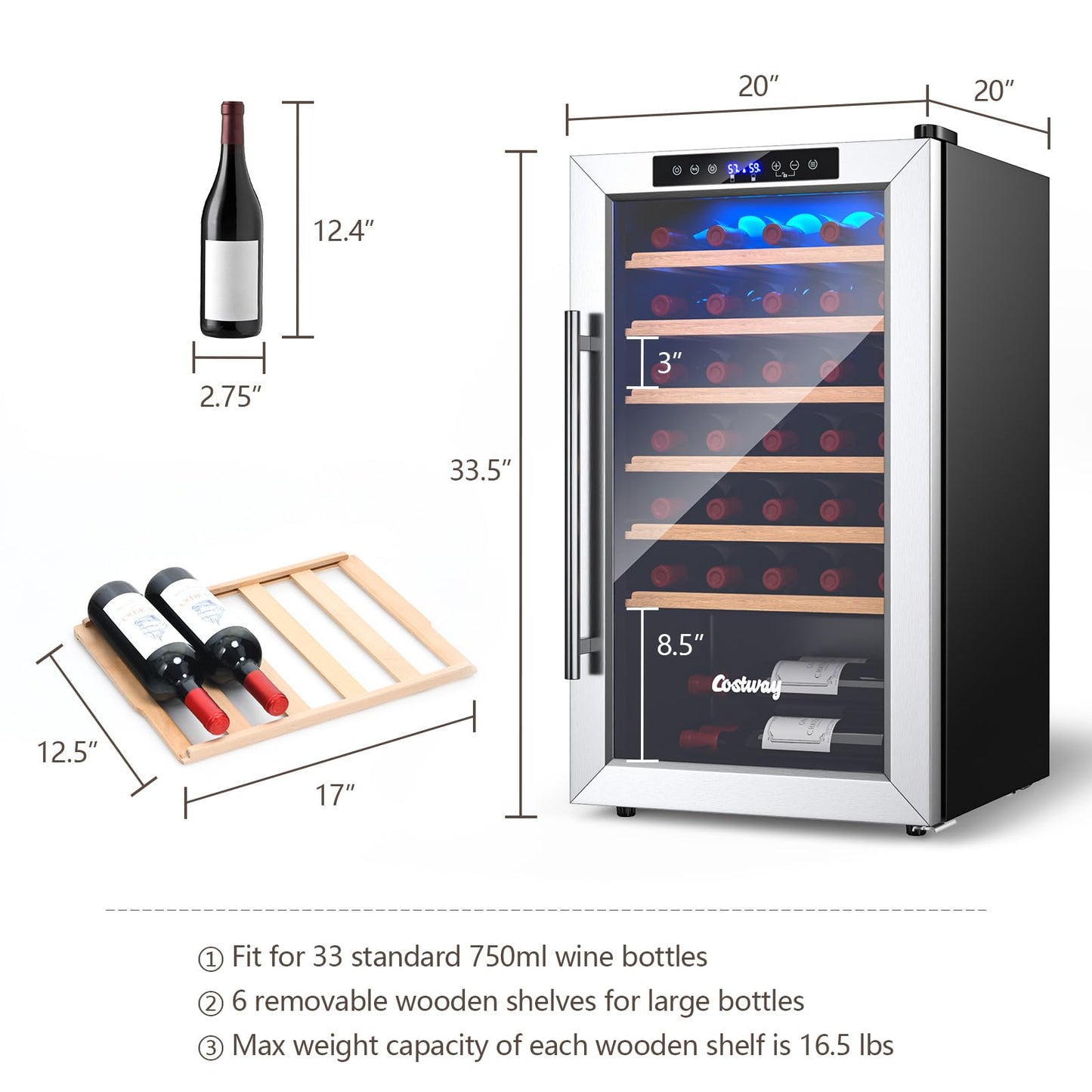 20 Inch Wine Cooler, 33 Bottles Wine Refrigerator with 2-Layer Tempered Glass Door & Dual Alarm Function