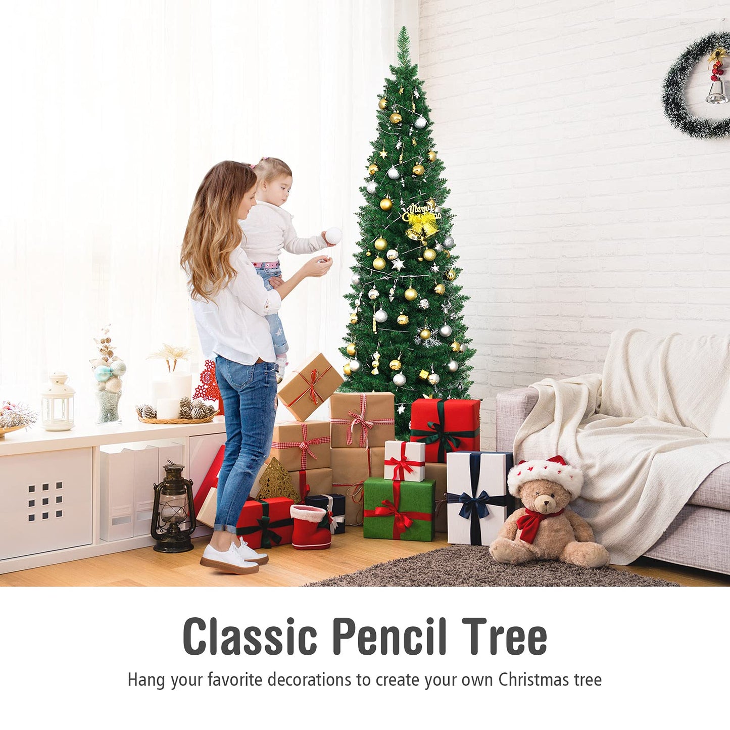 7FT Pencil Christmas Tree Slim Skinny Hinged Pine Tree with PVC Material