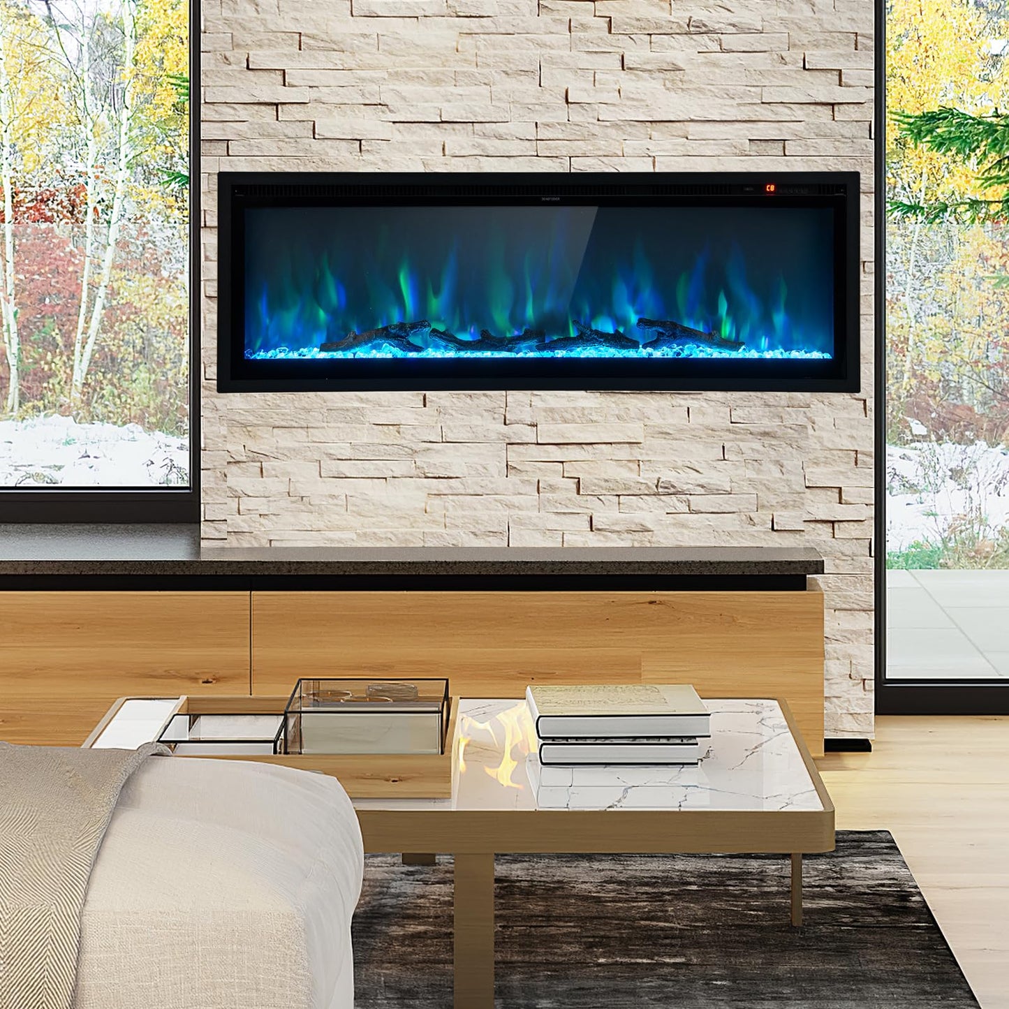 Electric Fireplace 50 Inch Wide with Crystal Decor and Log