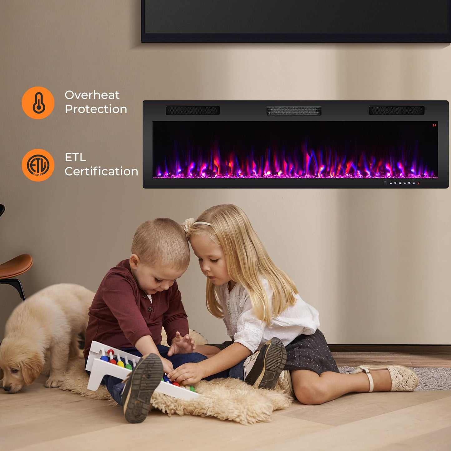 60 Inch Electric Fireplace Recessed and Wall Mounted, 750W/1500W Electric Fireplace Heater with Remote