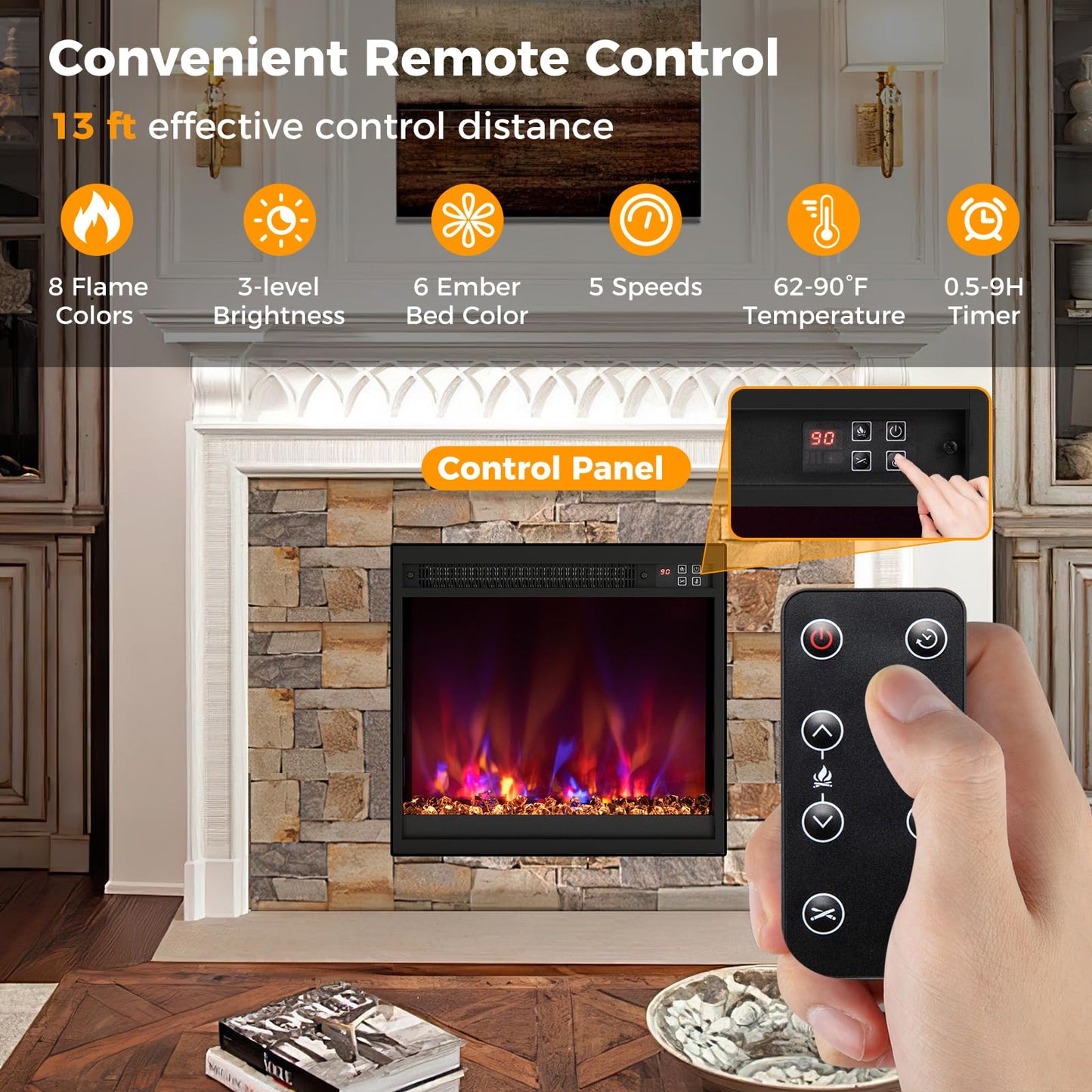 18 Inch Recessed Fireplace Heater Electric Fireplace Insert w/Multi-Color Flame & Crystal Ember Bed