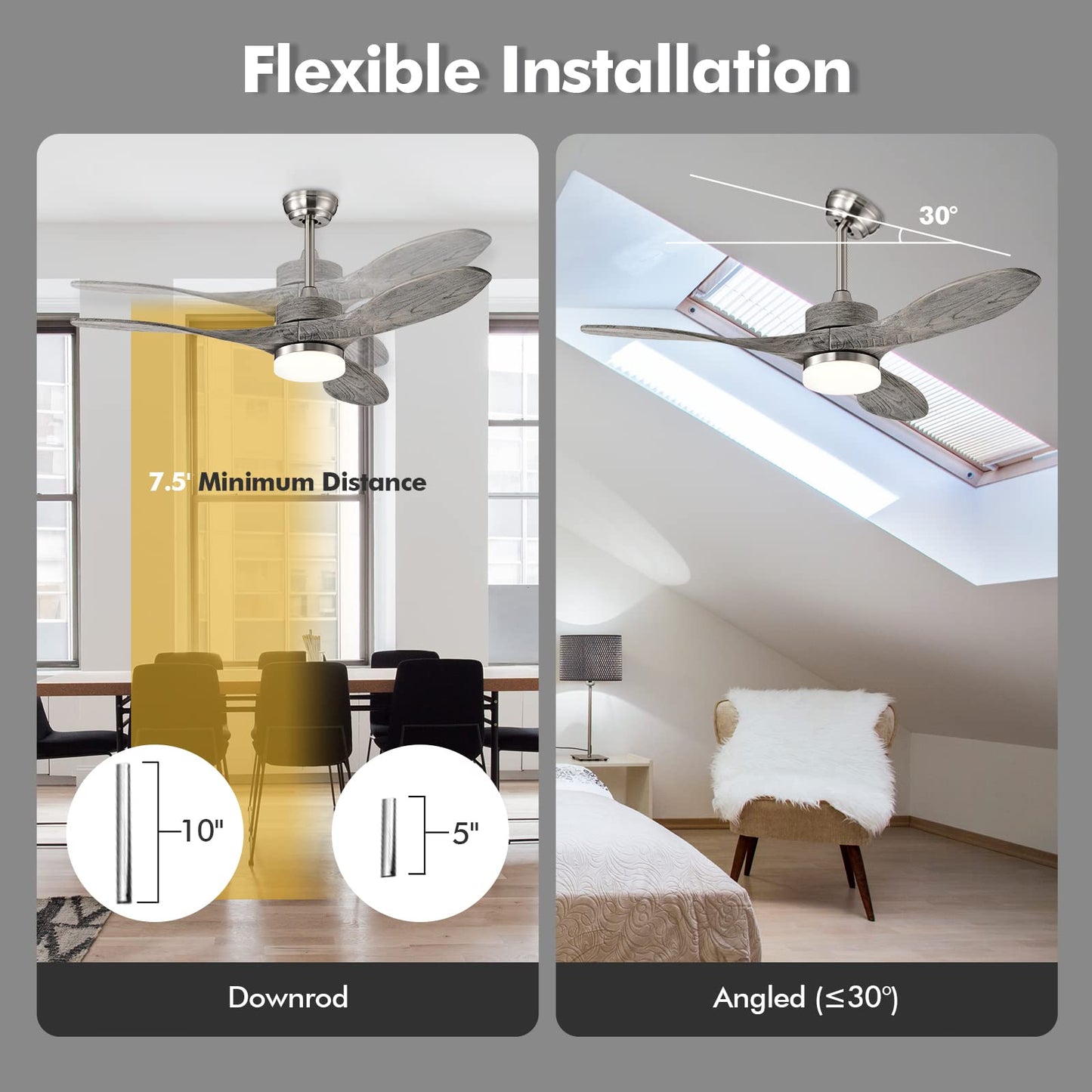 48 Inches Ceiling Fan with LED Light and Remote Control, Reversible Ceiling Fan with 6 Wind Speeds (Nickel)