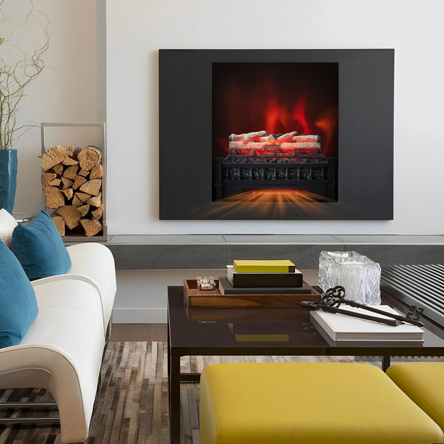 20” Electric Fireplace Log Set Heater with Adjustable Temp, Overheating Protection, Realistic Birch Wood Ember Bed