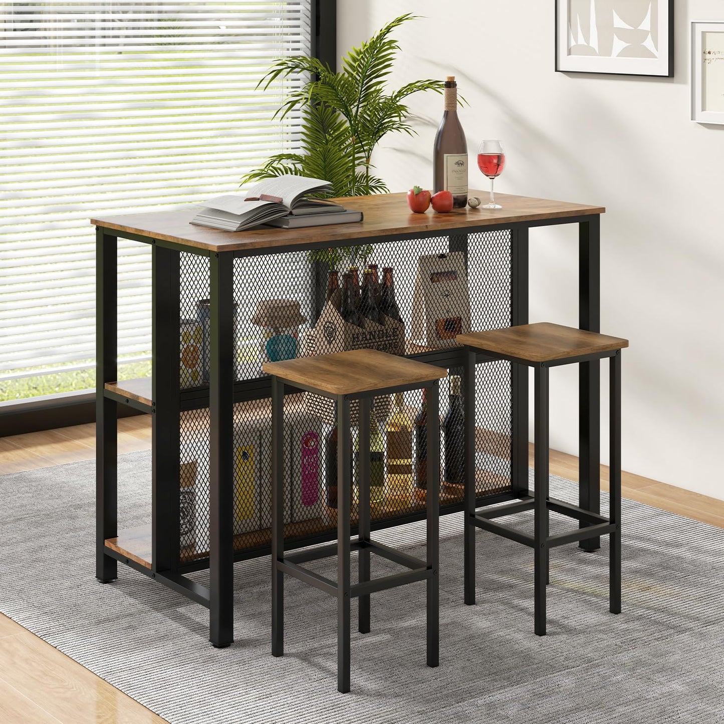 Home Bar Unit 3-Tier Bar Table with Storage Shelves