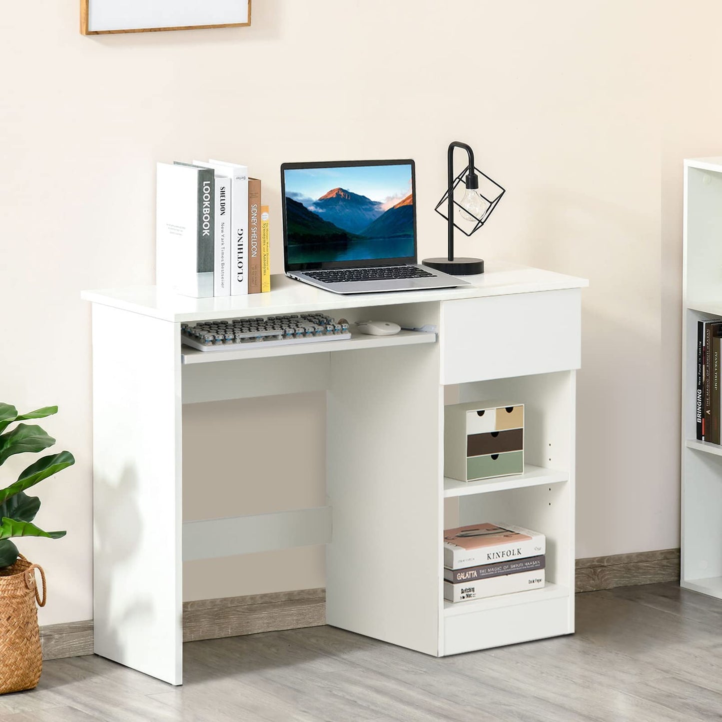 Computer Desk with Keyboard Tray Large Drawer Home Office Desk with Adjustable Shelf & Cable Hole