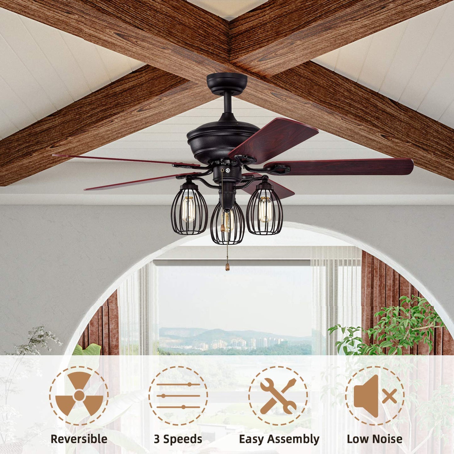 52-Inch Ceiling Fan with Lights, Industrial Ceiling Fan w/ 5 Iron Blades & 3 Cage Lights
