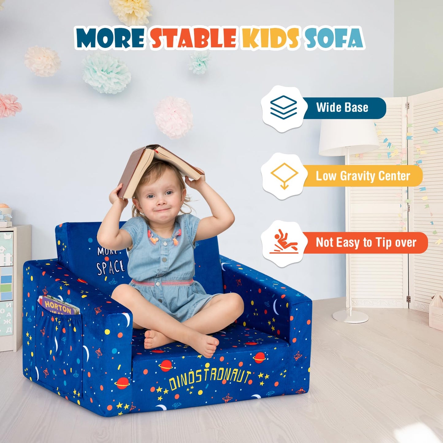2-in-1 Convertible Sofa to Lounger for Children with Side Storage Pocket Flip Open Couch & Sleeper with Cut Patterns
