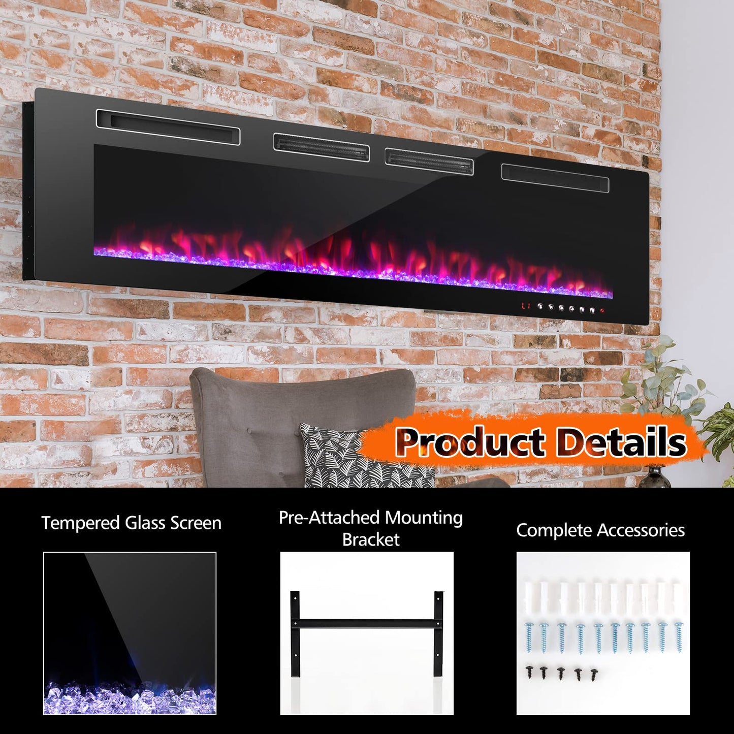 72 Inch Wide Electric Fireplace with Adjustable Flame Color & Speed