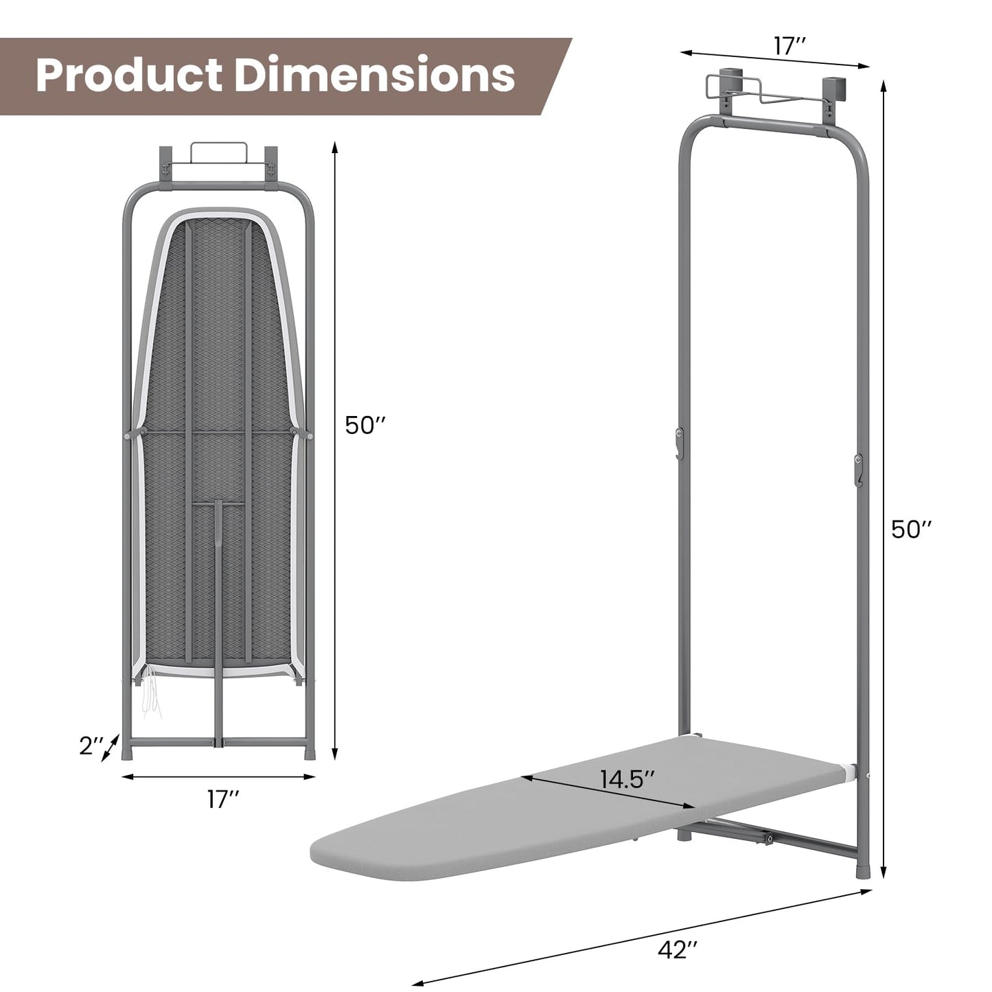 Space Saving Metal Hanging Ironing Board with Iron Holder & Cotton Cover