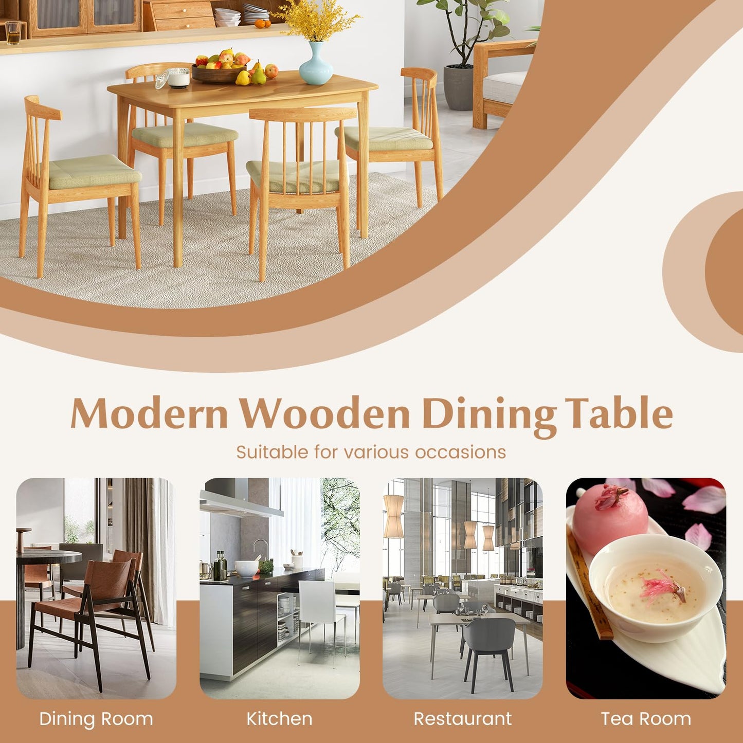 48” Wooden Rectangular Kitchen Table with Solid Rubber Wood Legs