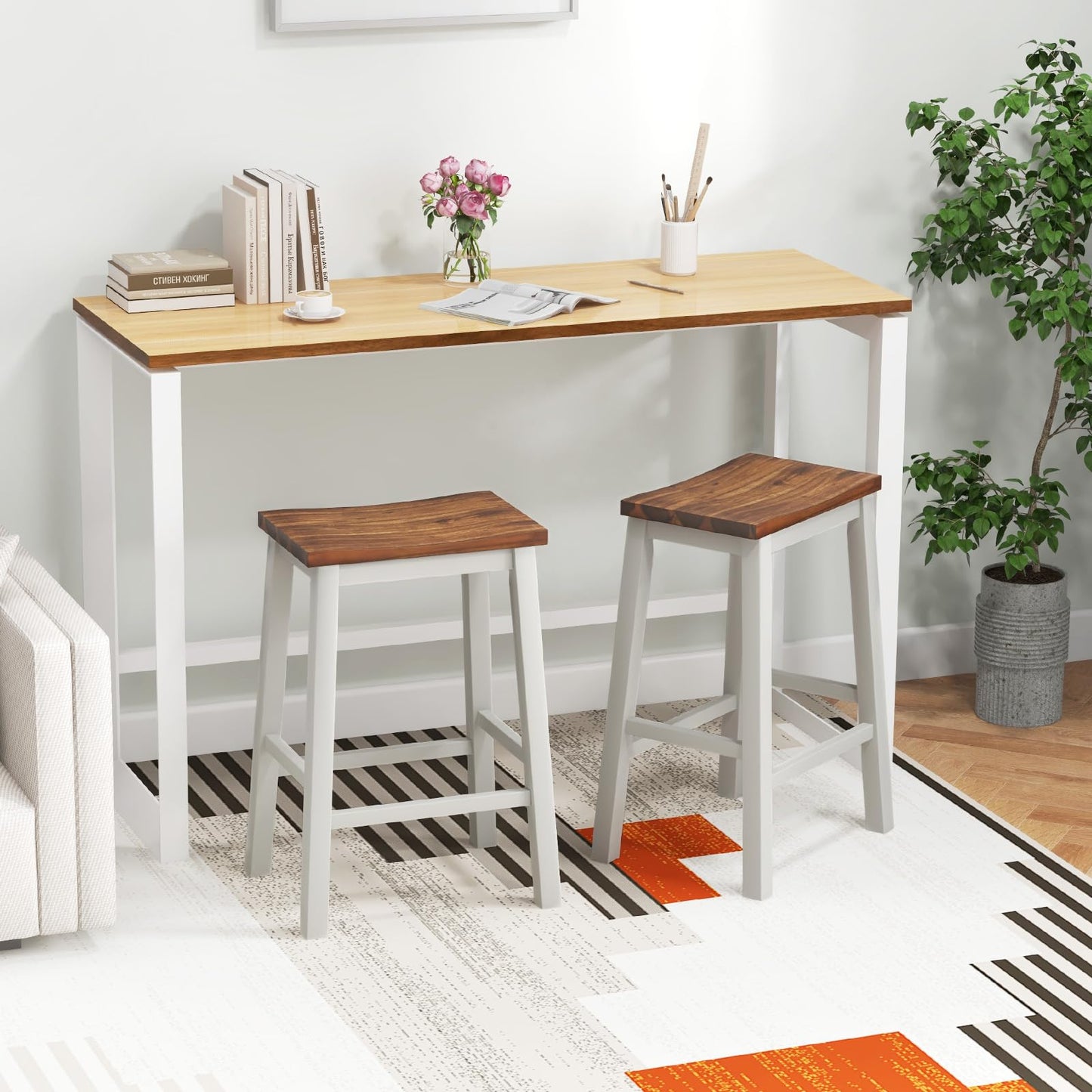 24.5 Inch Bar Stools Set of 2/4 Solid Wood Saddle Stools w/Footrests