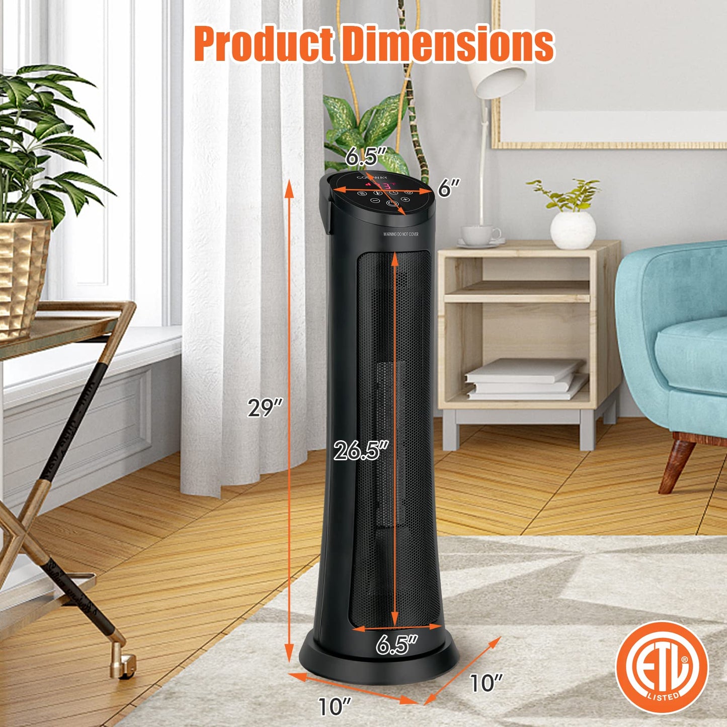 Space Heater for Indoor Use, 1500W PTC Ceramic Heater w/ 60° Oscillation, 3 Modes, 24H Timer